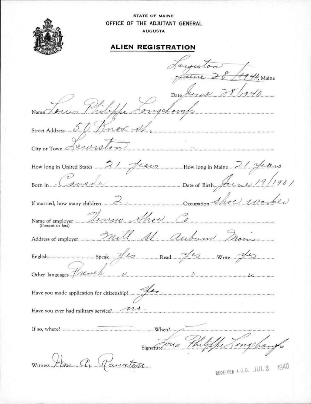 Miniature of Alien Registration- Longchamps, Louis P. (Lewiston, Androscoggin County)
