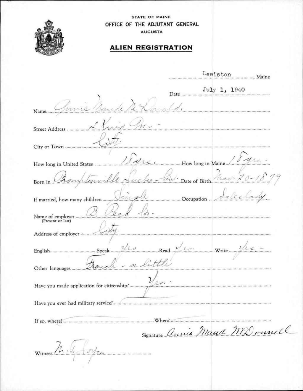 Miniature of Alien Registration- Mcdonald, Annie M. (Lewiston, Androscoggin County)