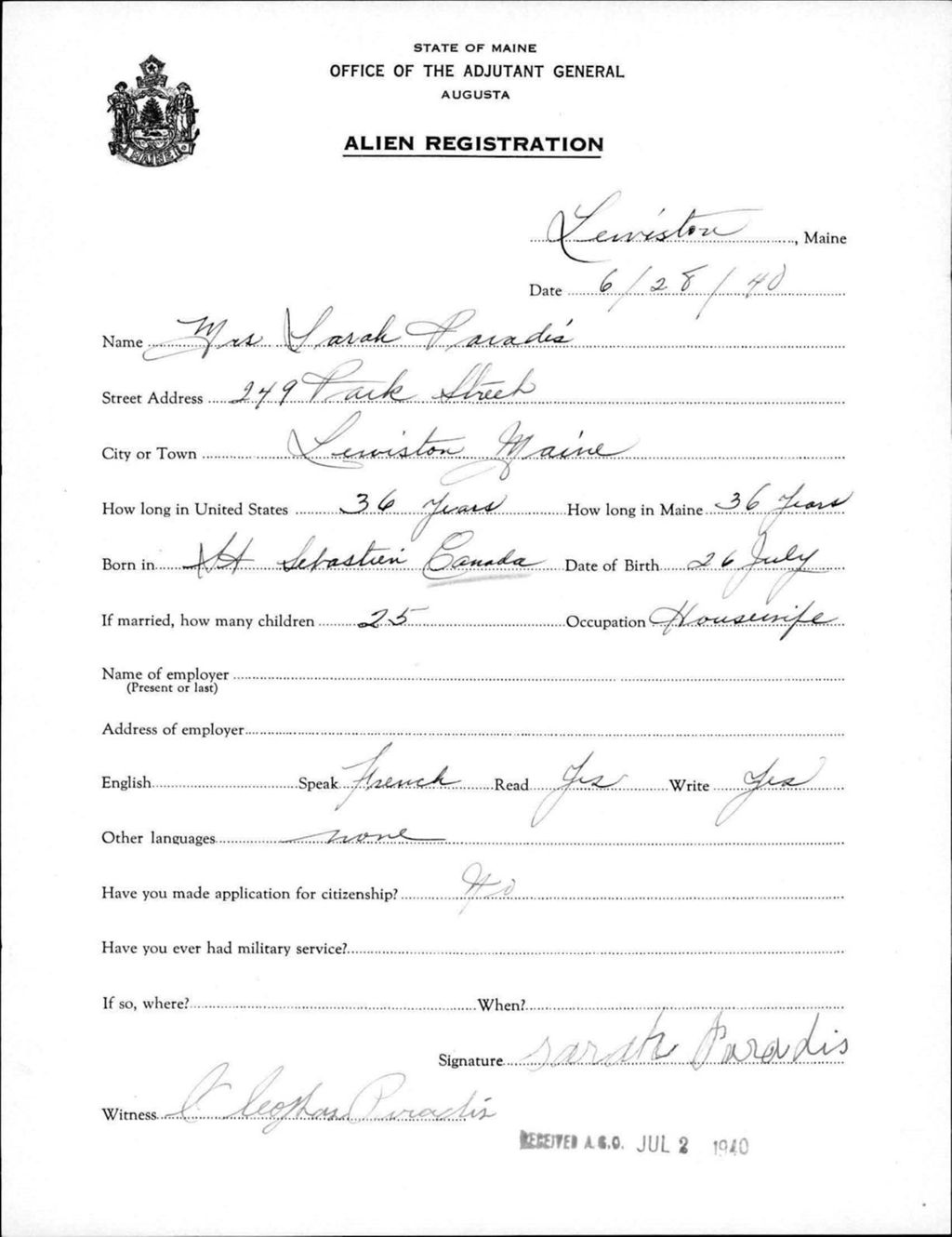 Miniature of Alien Registration- Paradis, Sarah (Lewiston, Androscoggin County)
