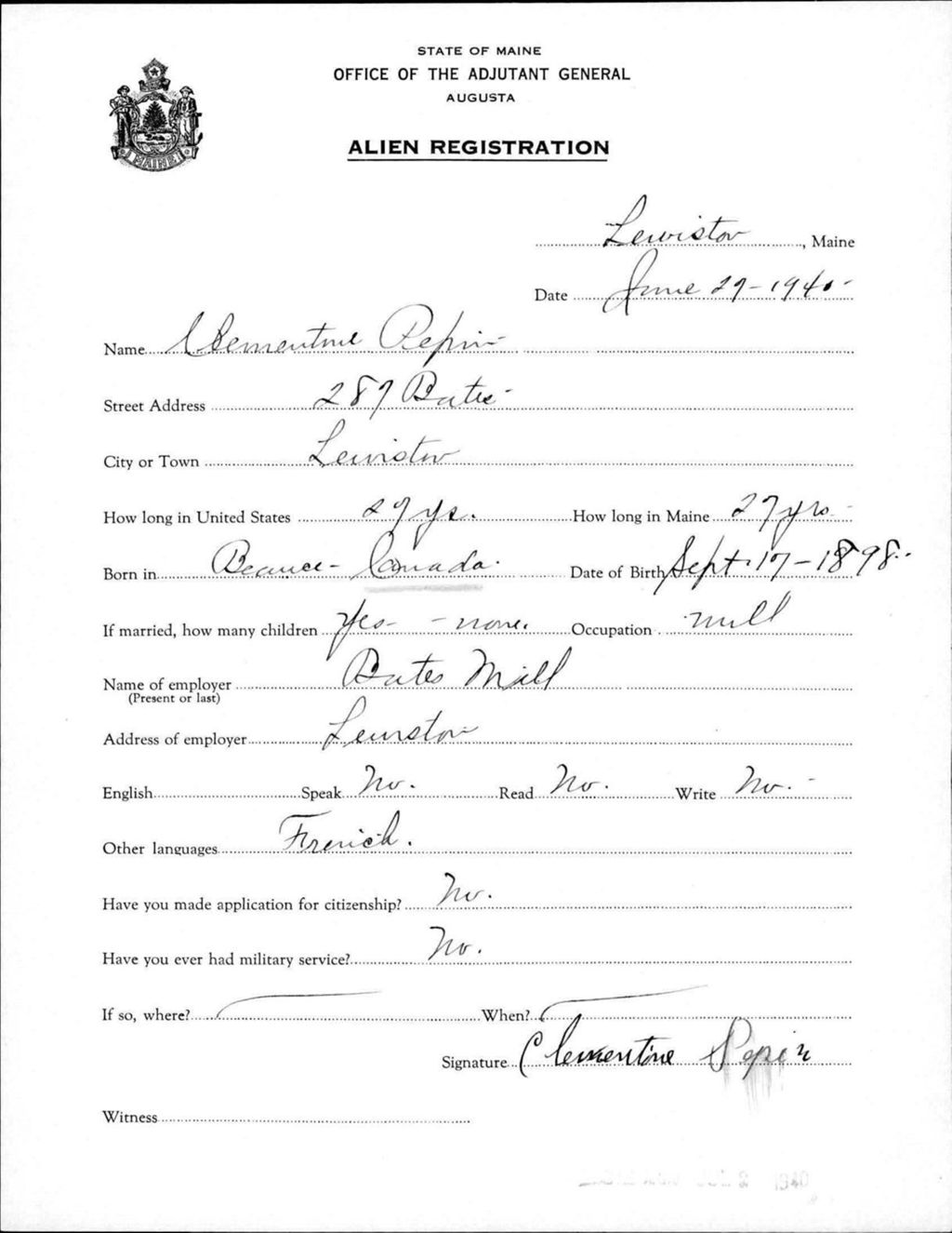 Miniature of Alien Registration- Pepin, Clementine (Lewiston, Androscoggin County)