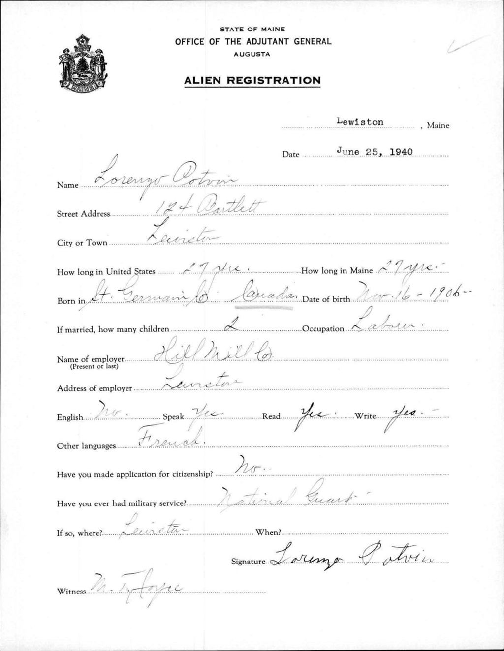 Miniature of Alien Registration- Potvin, Lorenzo (Lewiston, Androscoggin County)