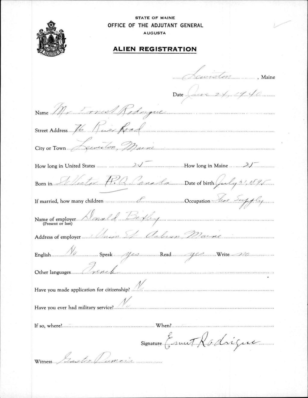 Miniature of Alien Registration- Rodrigue, Ernest (Lewiston, Androscoggin County)