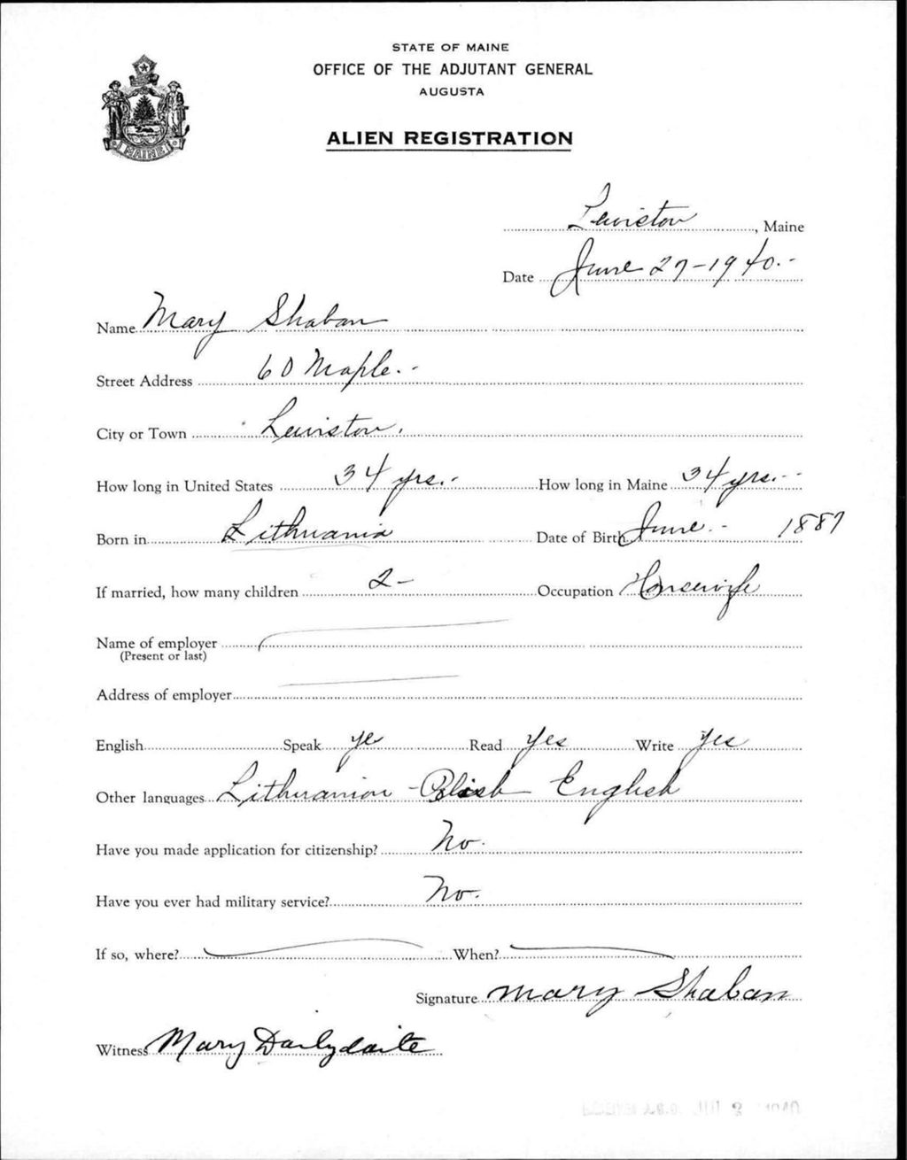 Miniature of Alien Registration- Shaban, Mary (Lewiston, Androscoggin County)
