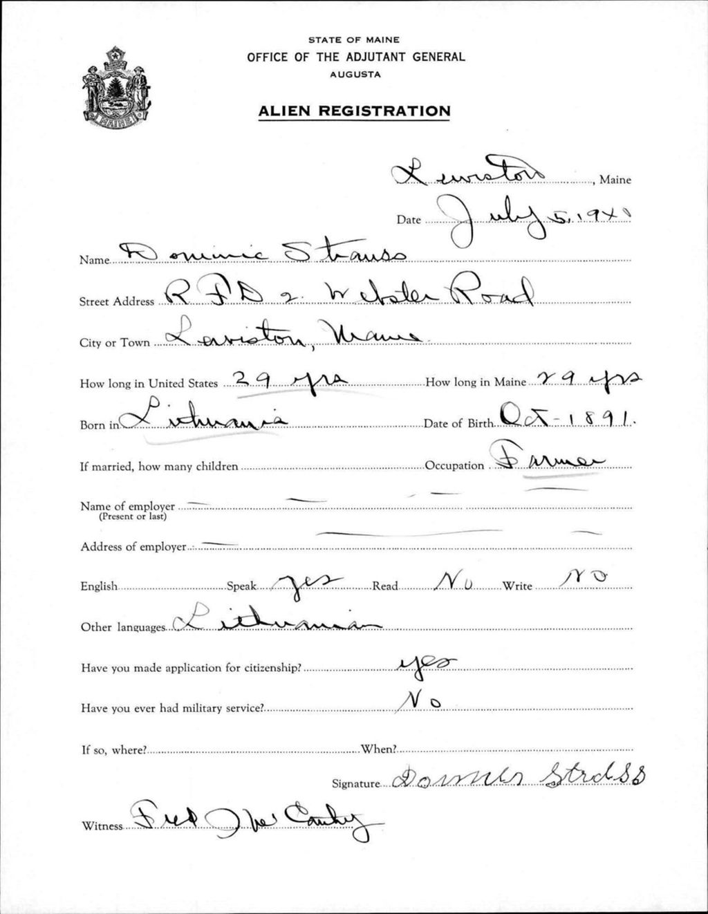 Miniature of Alien Registration- Strauss, Dominic (Lewiston, Androscoggin County)