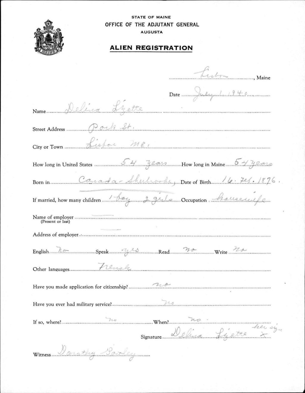 Miniature of Alien Registration- Lizotte, Delina (Lewiston, Androscoggin County)