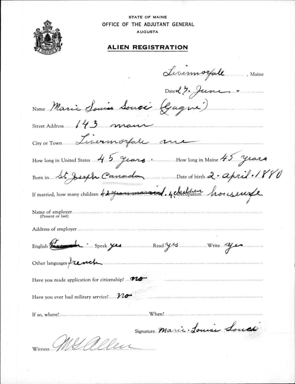 Miniature of Alien Registration- Gagne, Marie L. (Livermore Falls, Androscoggin County)