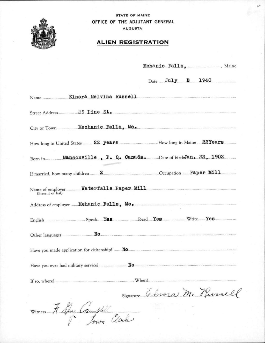 Miniature of Alien Registration- Russell, Elnora M. (Livermore Falls, Androscoggin County)