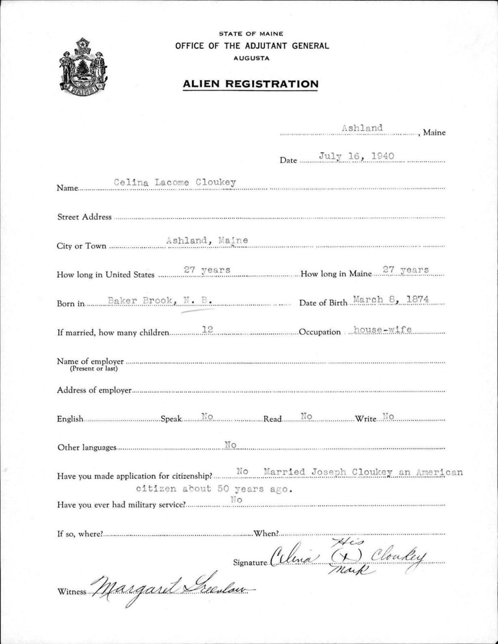 Miniature of Alien Registration- Lacome, Celina (Ashland, Aroostook County)