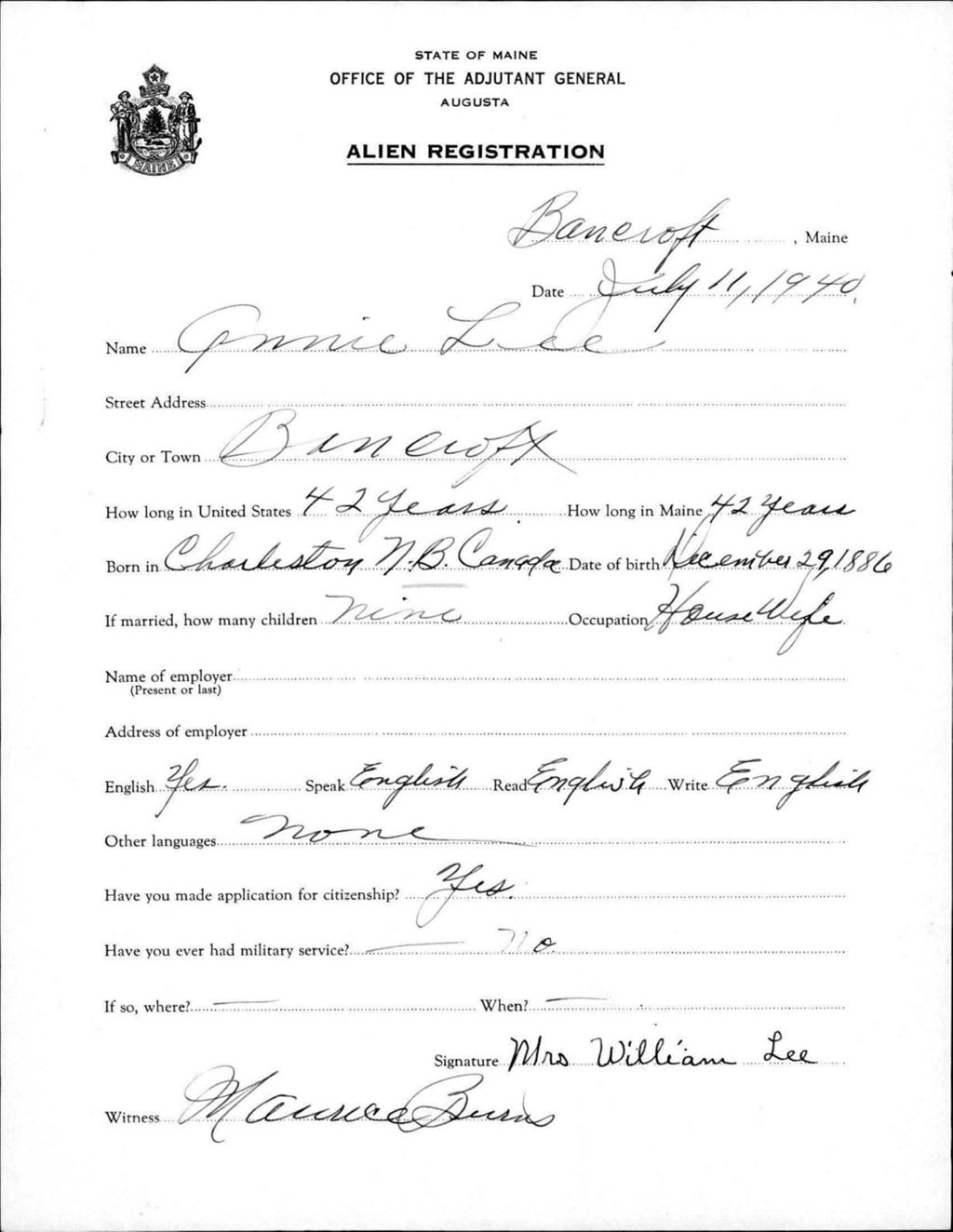 Miniature of Alien Registration- Lee, Annie (Bancroft, Aroostook County)