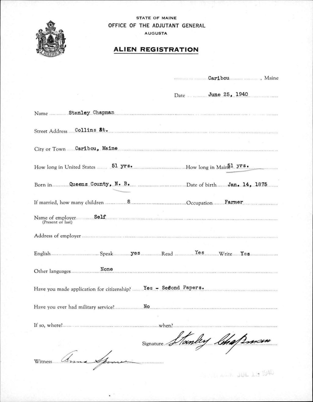 Miniature of Alien Registration- Chapman, Stanley (Caribou, Aroostook County)