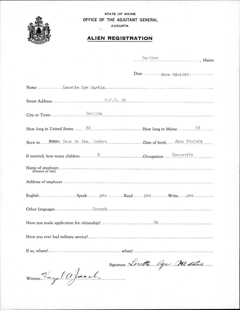 Miniature of Alien Registration- Cyr, Lorette (Caribou, Aroostook County)