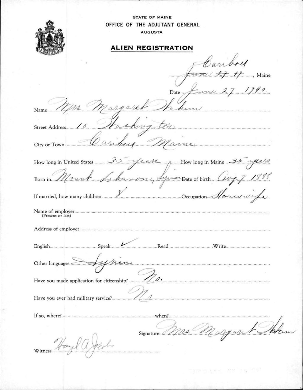 Miniature of Alien Registration- Wakem, Margaret (Caribou, Aroostook County)
