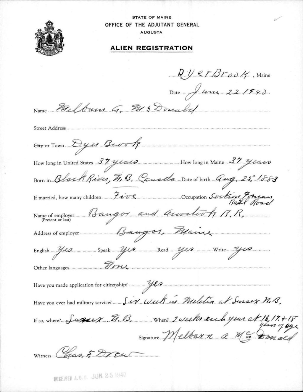 Miniature of Alien Registration- Mcdonald, Melburn A. (Dyer Brook, Aroostook County)