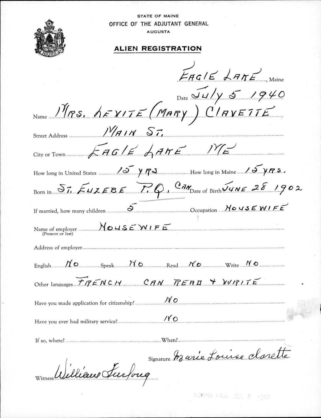 Miniature of Alien Registration- Clavette, Mary (Eagle Lake, Aroostook County)