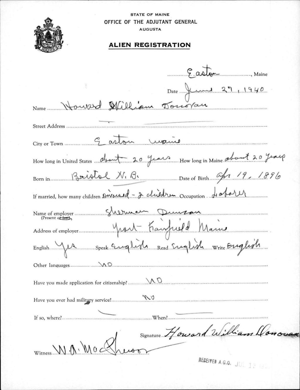 Miniature of Alien Registration- Donovan, Howard W. (Easton, Aroostook County)