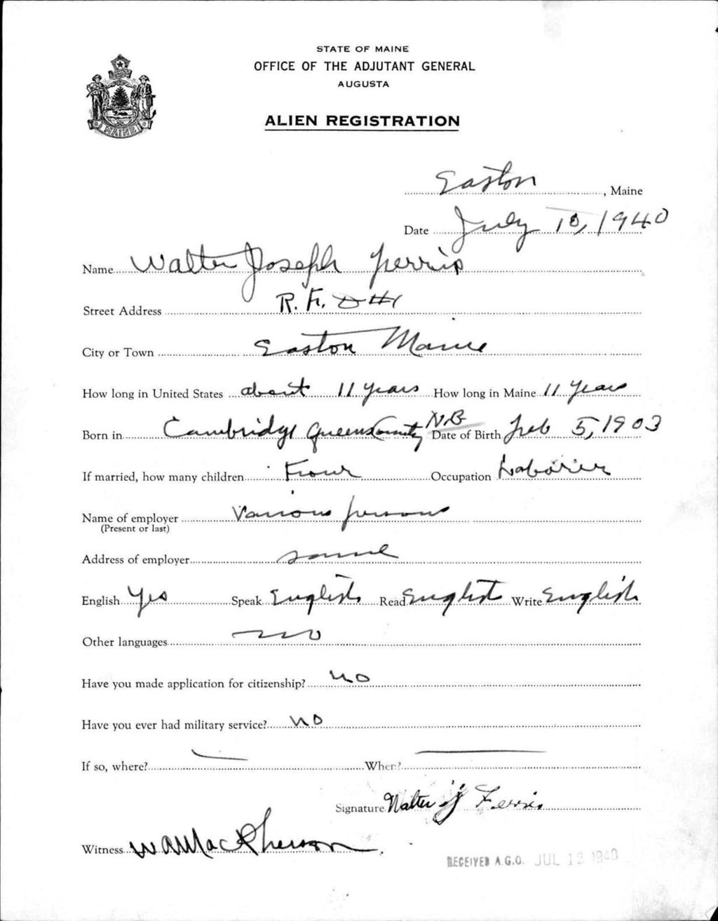 Miniature of Alien Registration- Ferris, Walter J. (Easton, Aroostook County)