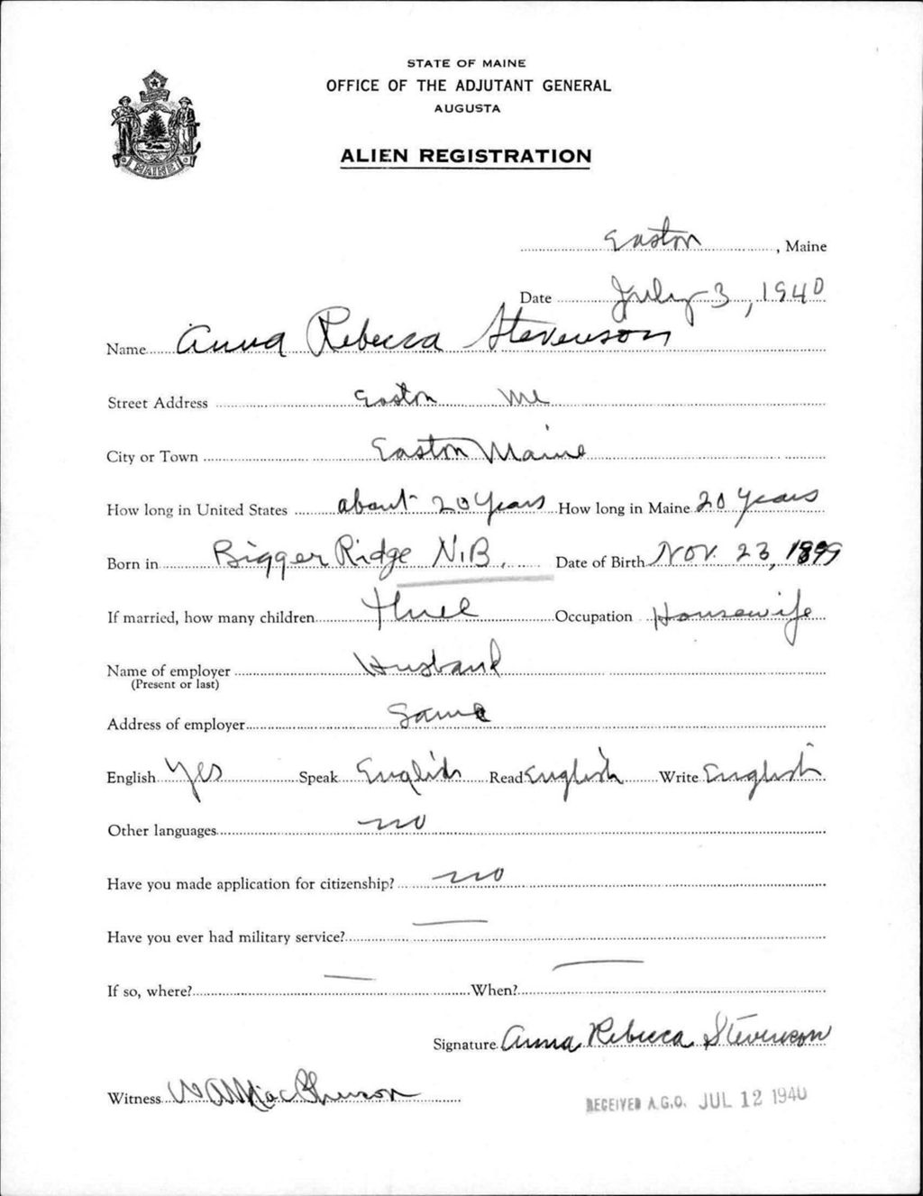 Miniature of Alien Registration- Stevenson, Anna R. (Easton, Aroostook County)