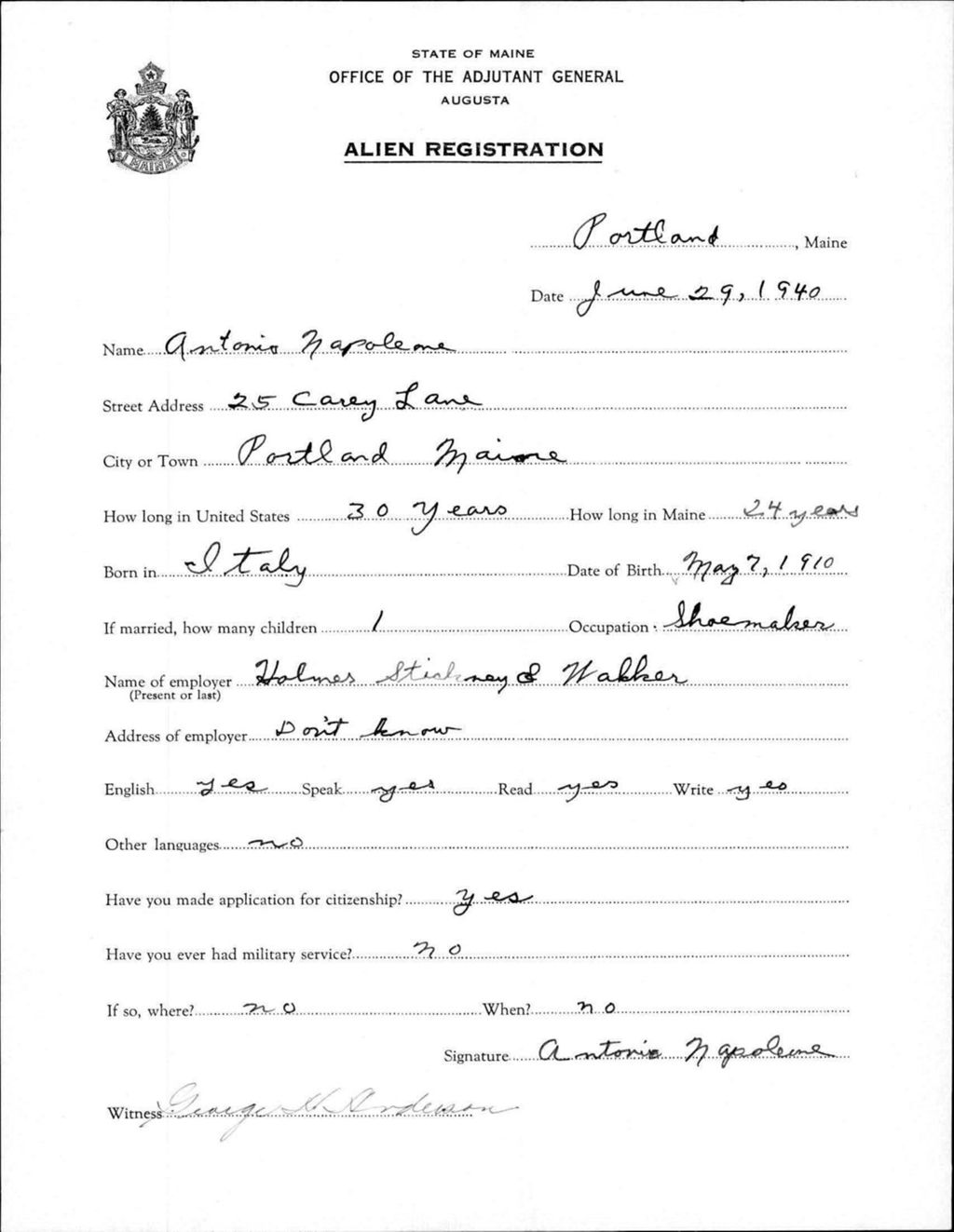 Miniature of Alien Registration- Napoleone, Antonio (Portland, Cumberland County)