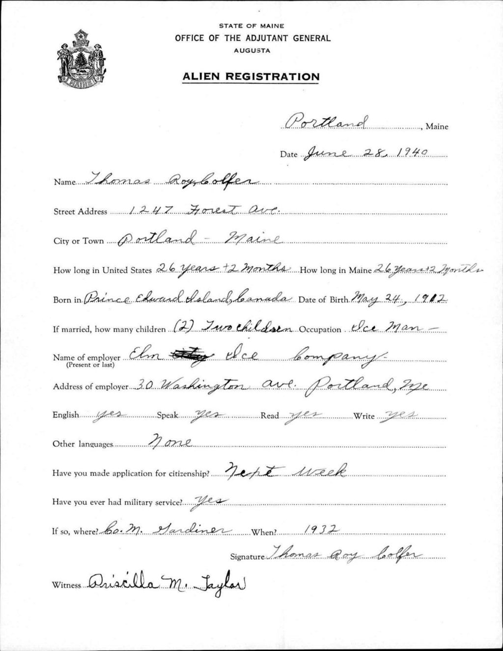 Miniature of Alien Registration- Colfer, Thomas R. (Portland, Cumberland County)