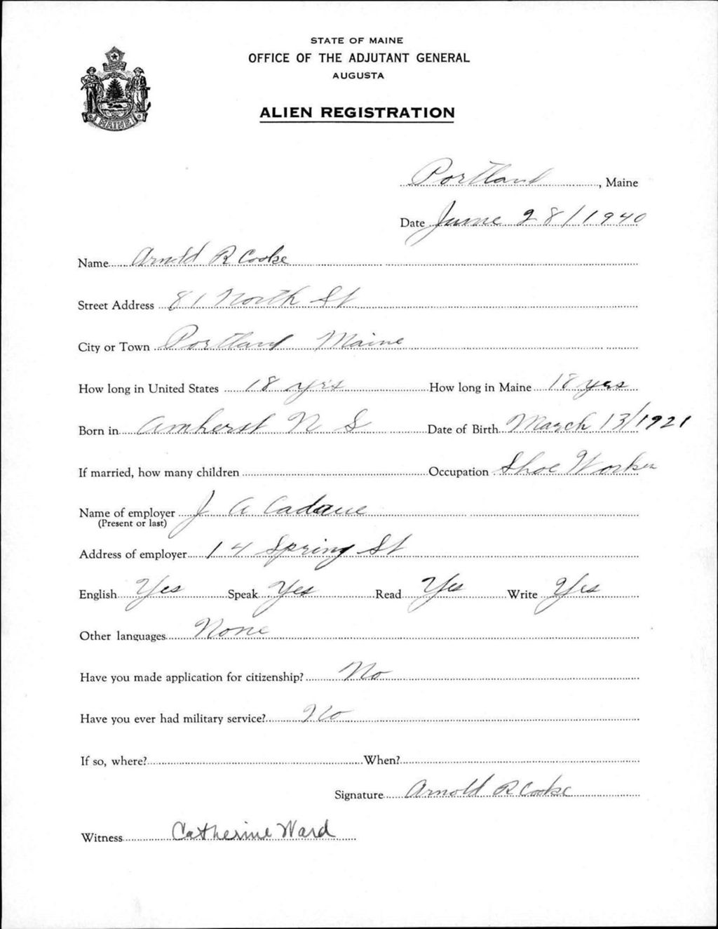 Miniature of Alien Registration- Cooke, Arnold R. (Portland, Cumberland County)