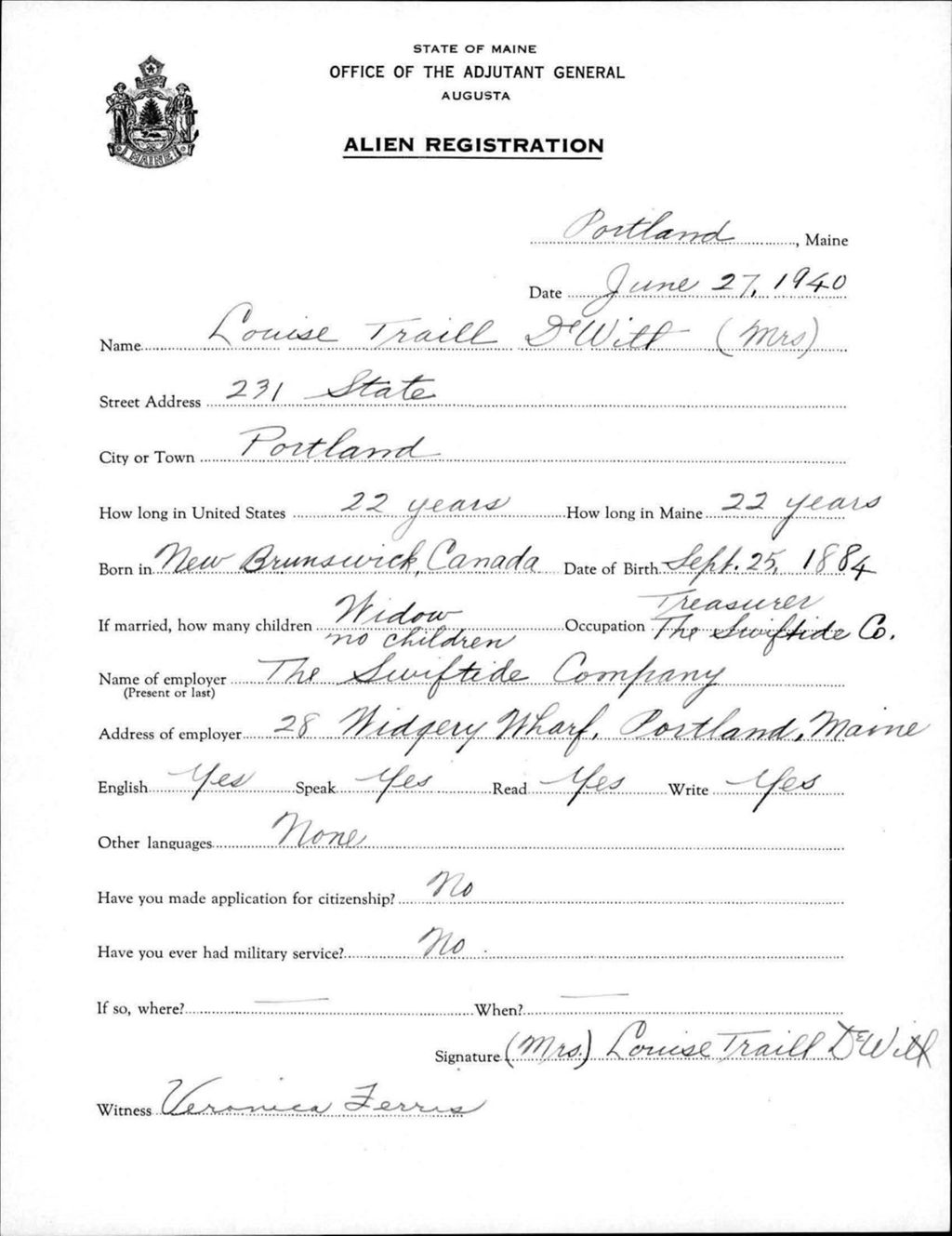 Miniature of Alien Registration- Traill, Louise (Portland, Cumberland County)