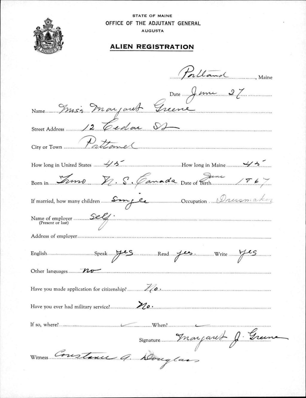 Miniature of Alien Registration- Greene, Margaret (Portland, Cumberland County)