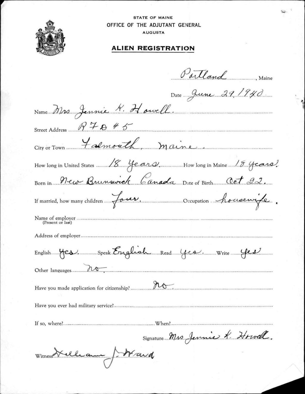 Miniature of Alien Registration- Howell, Jennie K. (Portland, Cumberland County)