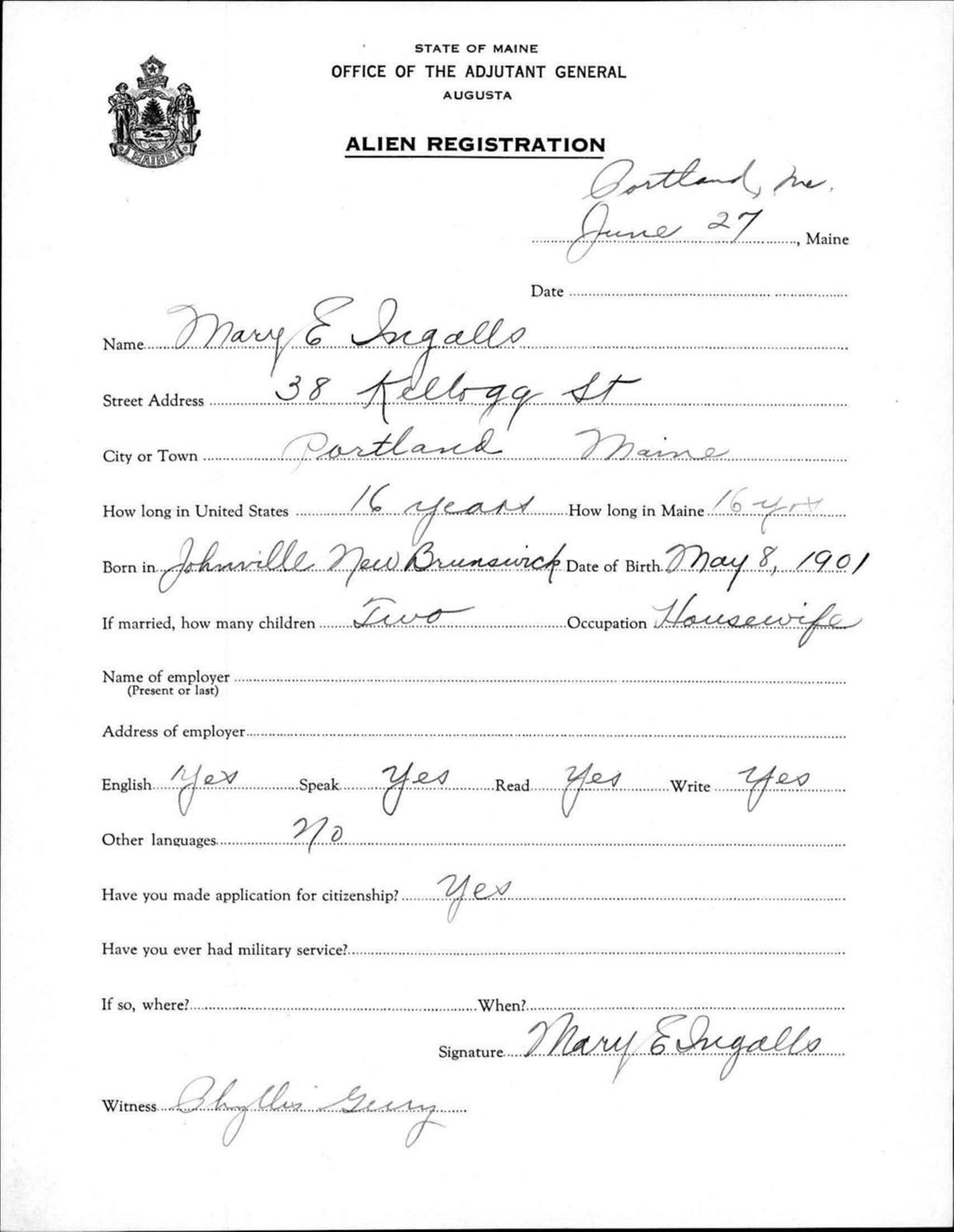 Miniature of Alien Registration- Ingalls, Mary E. (Portland, Cumberland County)