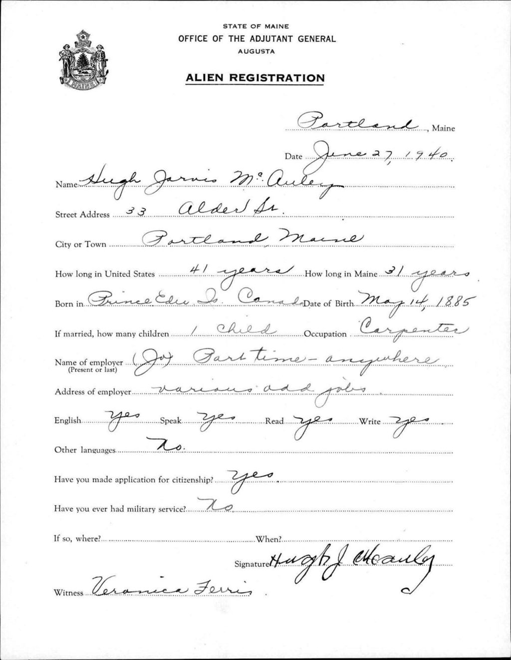 Miniature of Alien Registration- Mcauley, Hugh J. (Portland, Cumberland County)