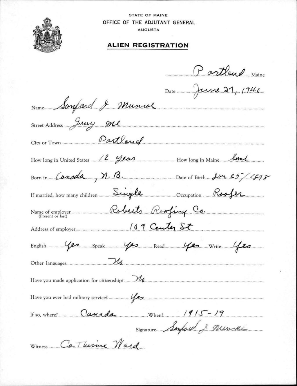 Miniature of Alien Registration- Munroe, Sanford J. (Portland, Cumberland County)