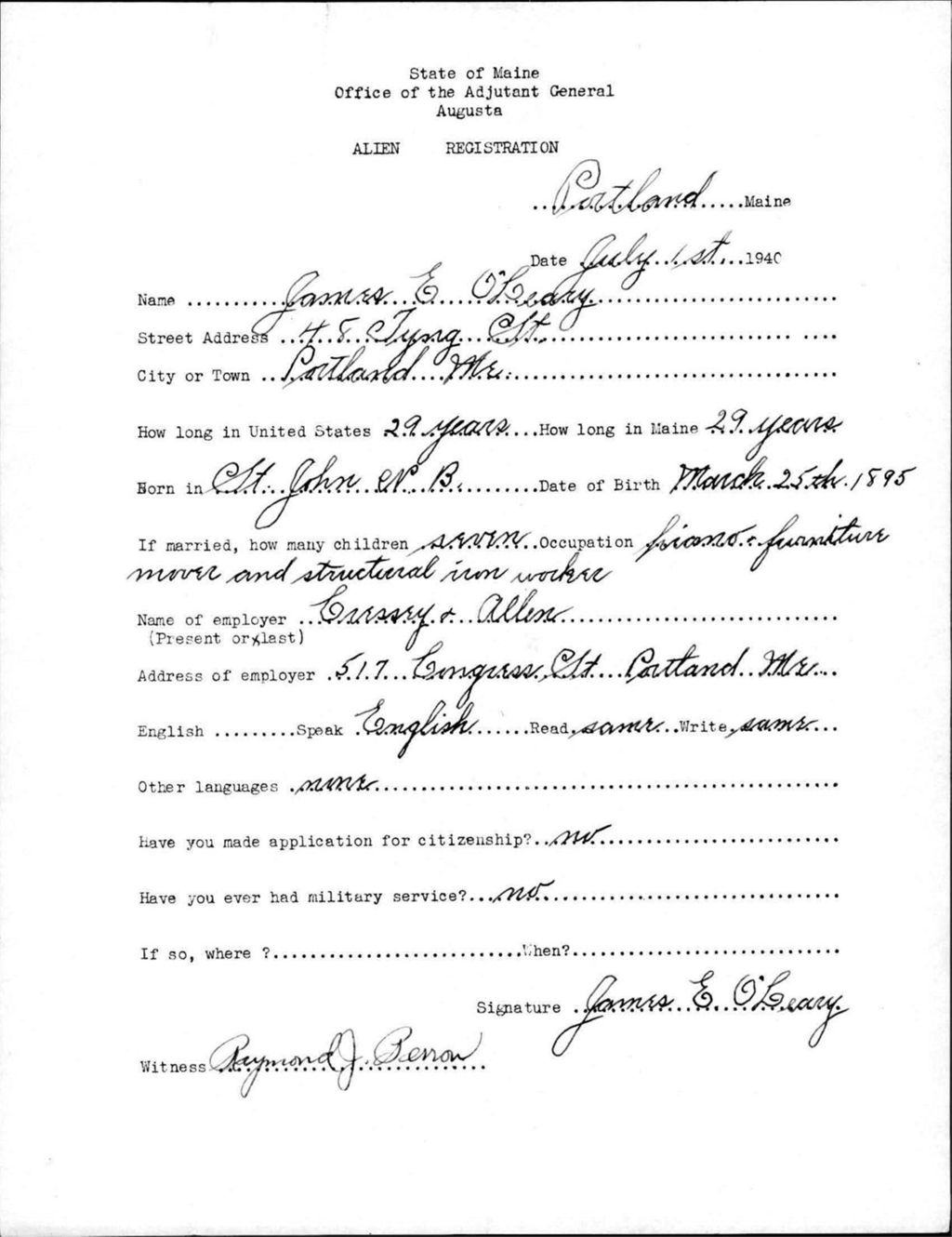 Miniature of Alien Registration- O'Leary, James E. (Portland, Cumberland County)