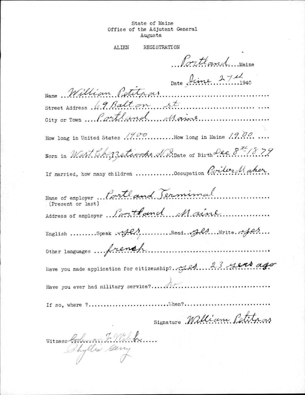 Miniature of Alien Registration- Petitpas, William (Portland, Cumberland County)