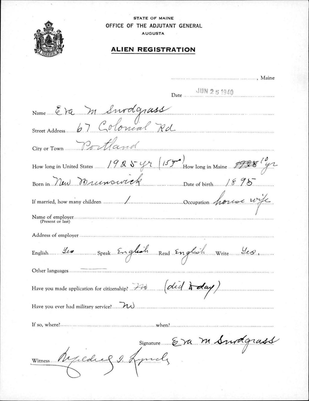 Miniature of Alien Registration- Snodgrass, Eva M. (Portland, Cumberland County)