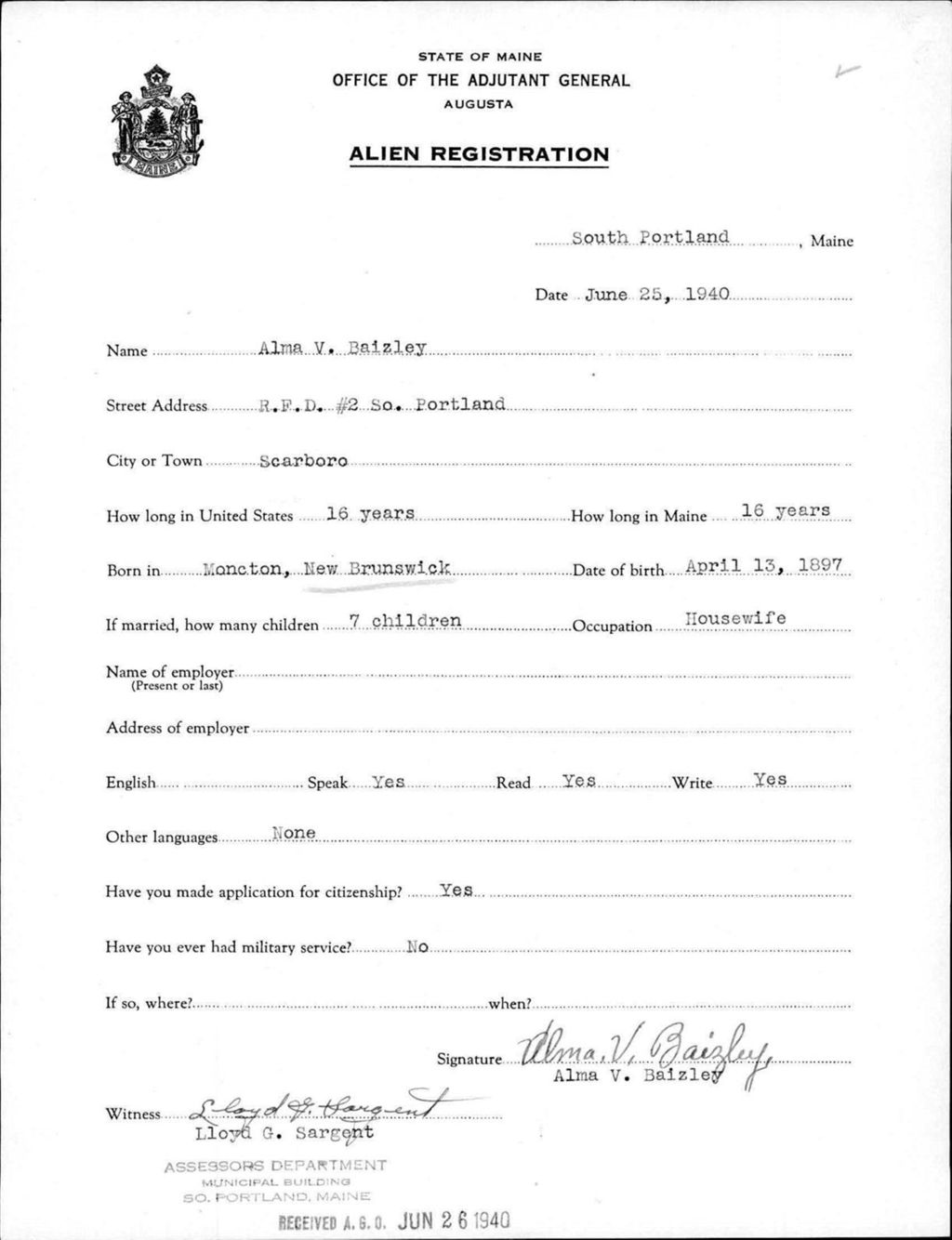 Miniature of Alien Registration- Baizley, Alma V. (Portland, Cumberland County)