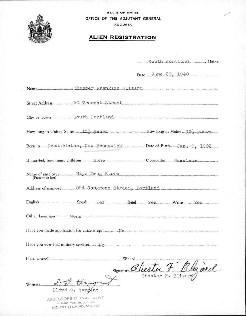 Miniature of Alien Registration- Blizard, Chester F. (Portland, Cumberland County)