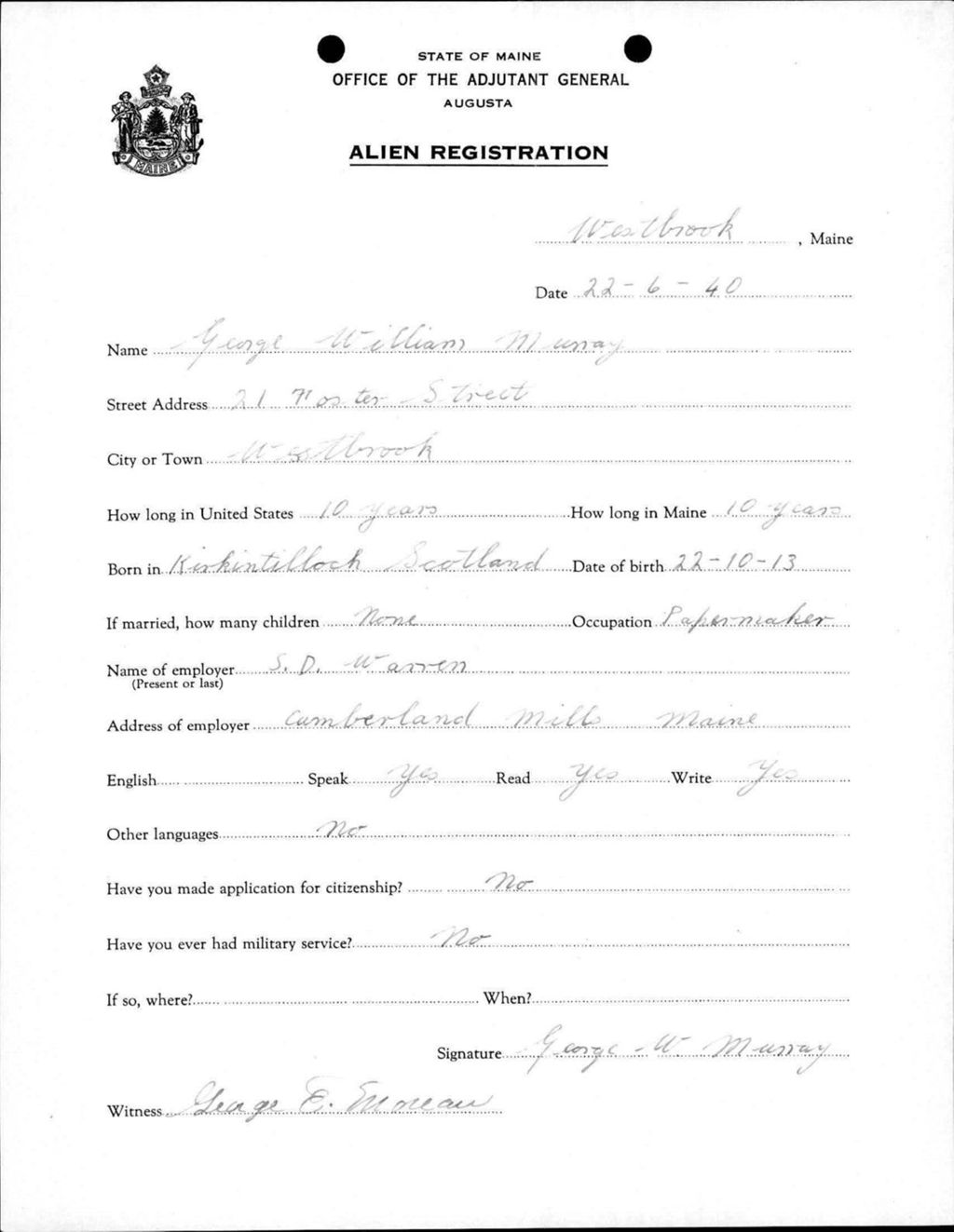 Miniature of Alien Registration- Murray, George W. (Westbrook, Cumberland County)