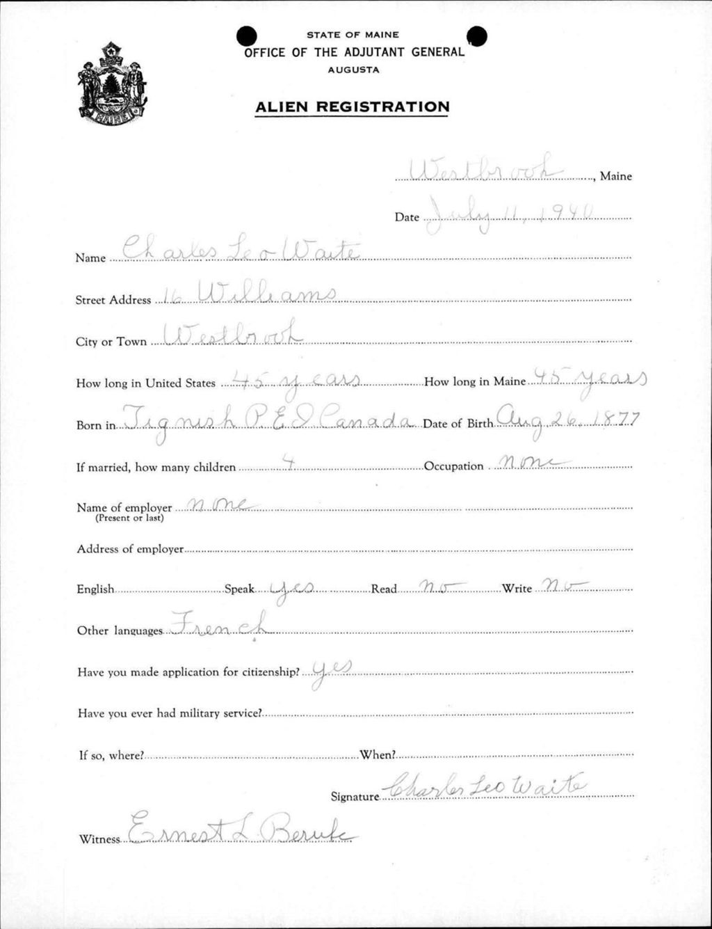 Miniature of Alien Registration- Waite, Charles L. (Westbrook, Cumberland County)