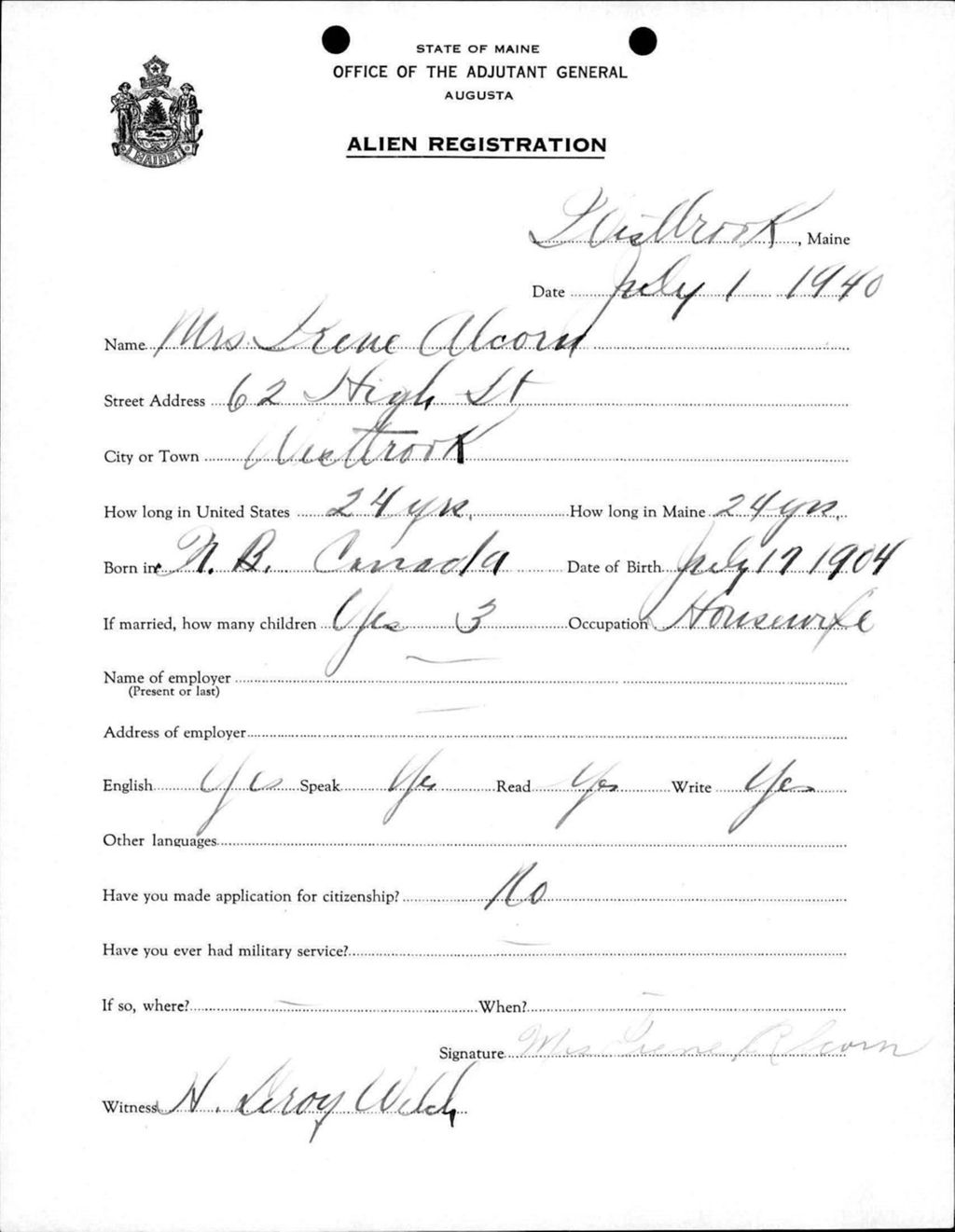 Miniature of Alien Registration- Alcord, Irene (Westbrook, Cumberland County)