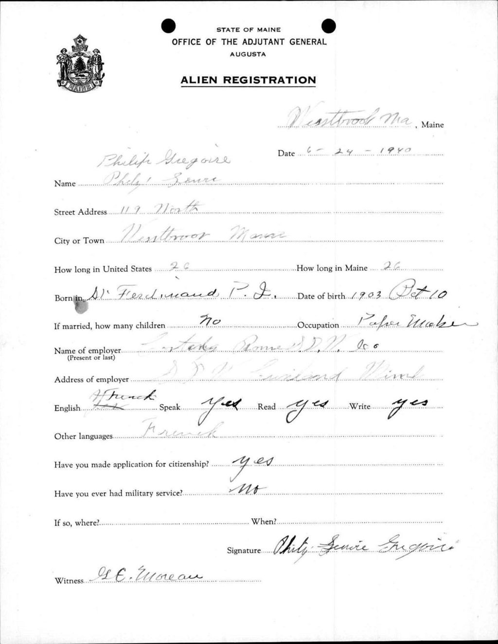 Miniature of Alien Registration- Gregoire, Philip (Westbrook, Cumberland County)