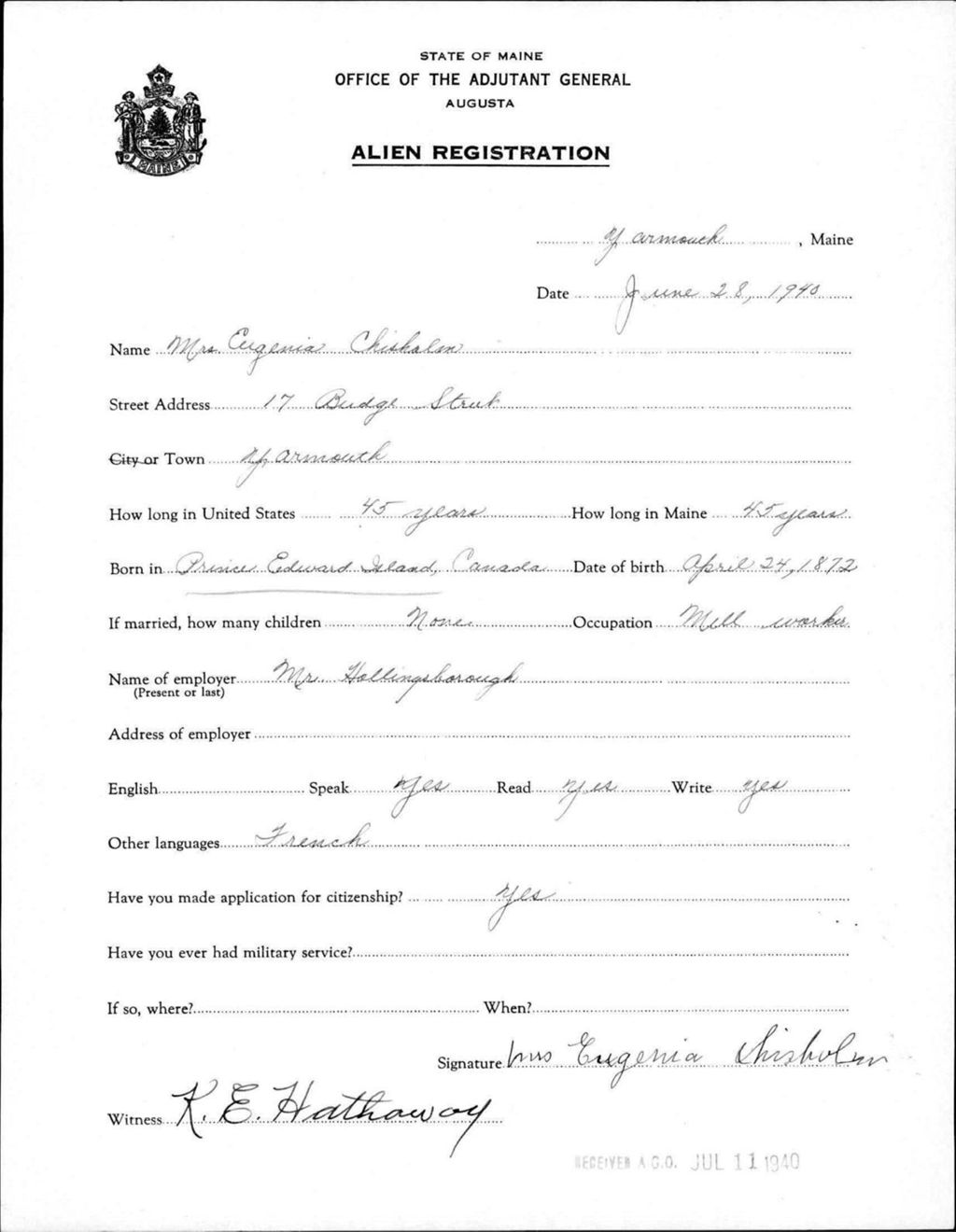 Miniature of Alien Registration- Chisholm, Eugenia (Yarmouth, Cumberland County)