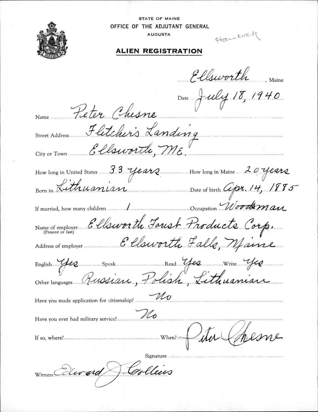 Miniature of Alien Registration- Chesne, Peter (Ellsworth, Hancock County)