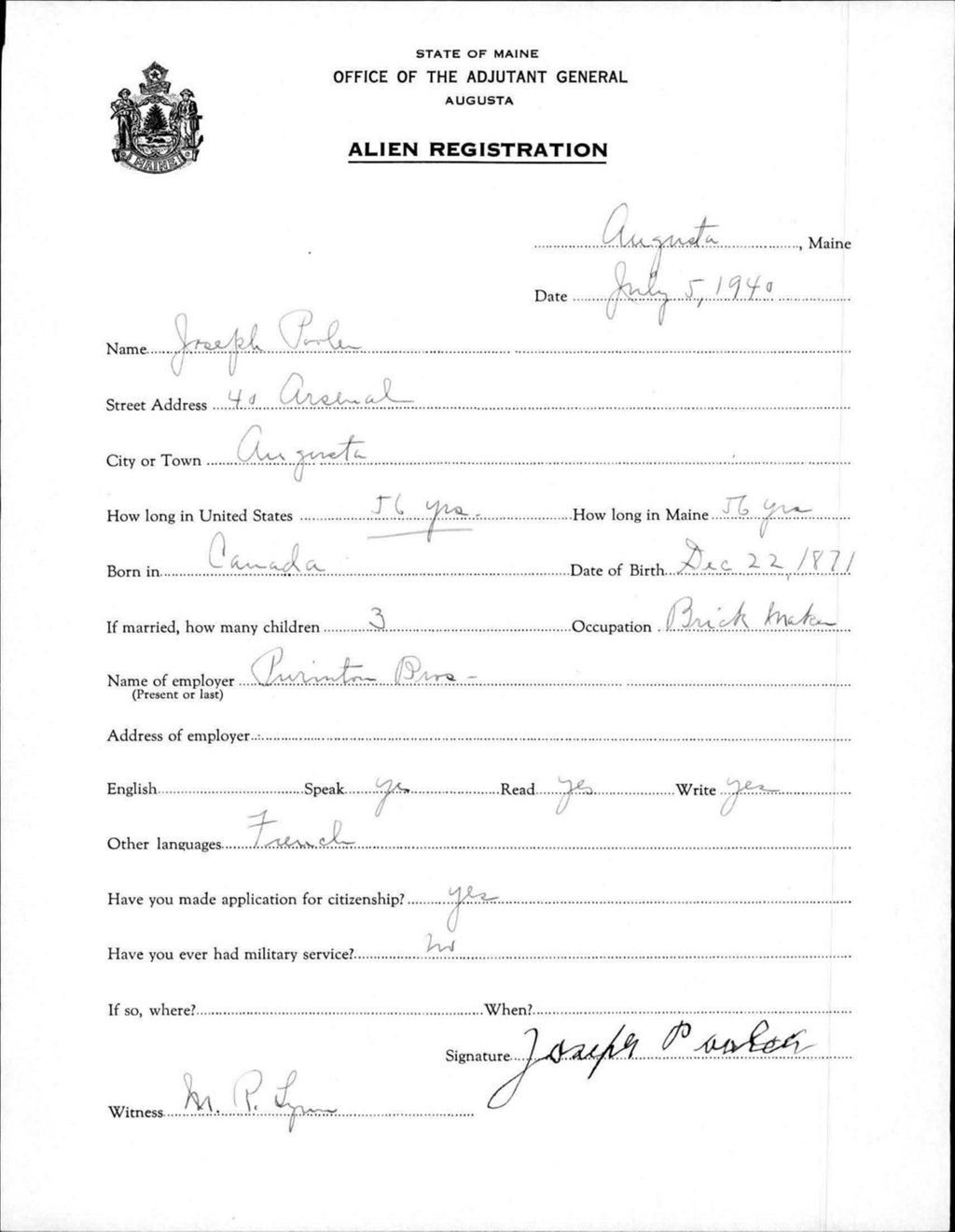 Miniature of Alien Registration- Poole, Joseph (Augusta, Kennebec County)