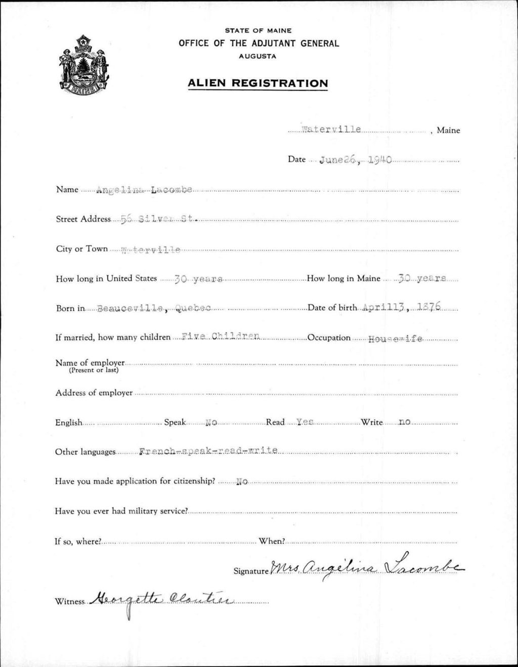 Miniature of Alien Registration- Lacombe, Angelina (Waterville, Kennebec County)