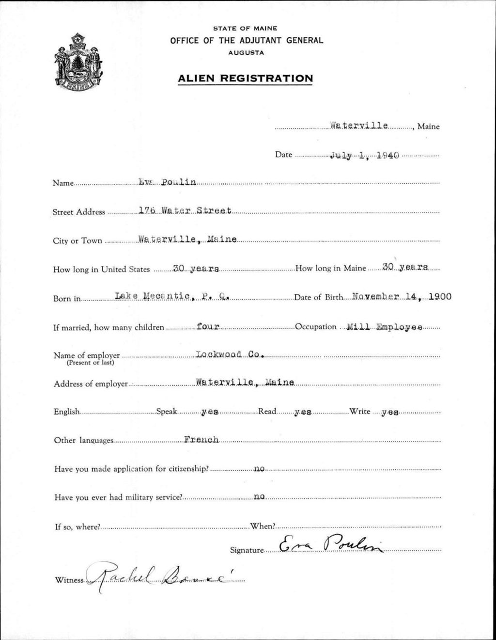 Miniature of Alien Registration- Poulin, Eva (Waterville, Kennebec County)