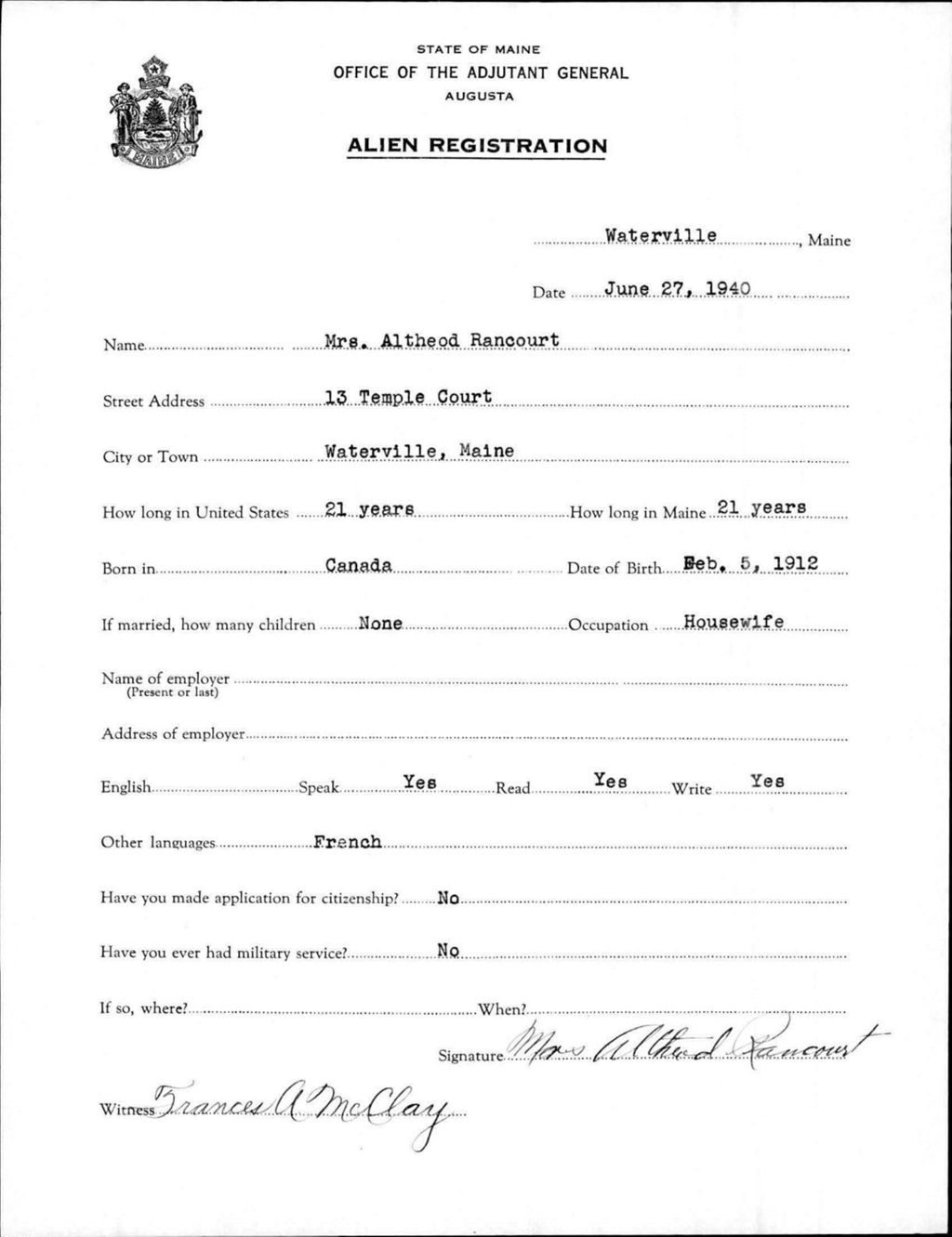 Miniature of Alien Registration- Rancourt, Altheod (Waterville, Kennebec County)