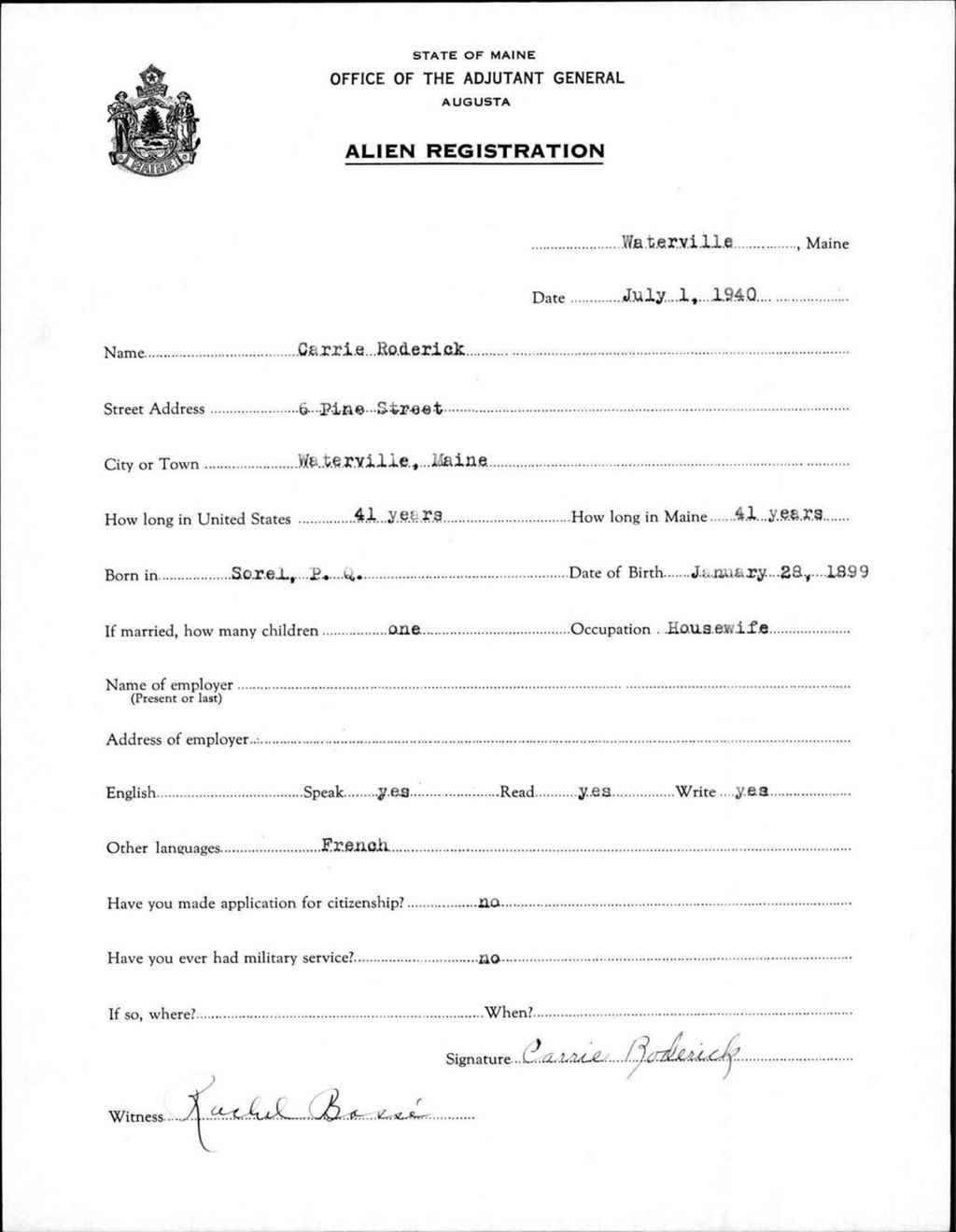 Miniature of Alien Registration- Roderick, Carrie (Waterville, Kennebec County)