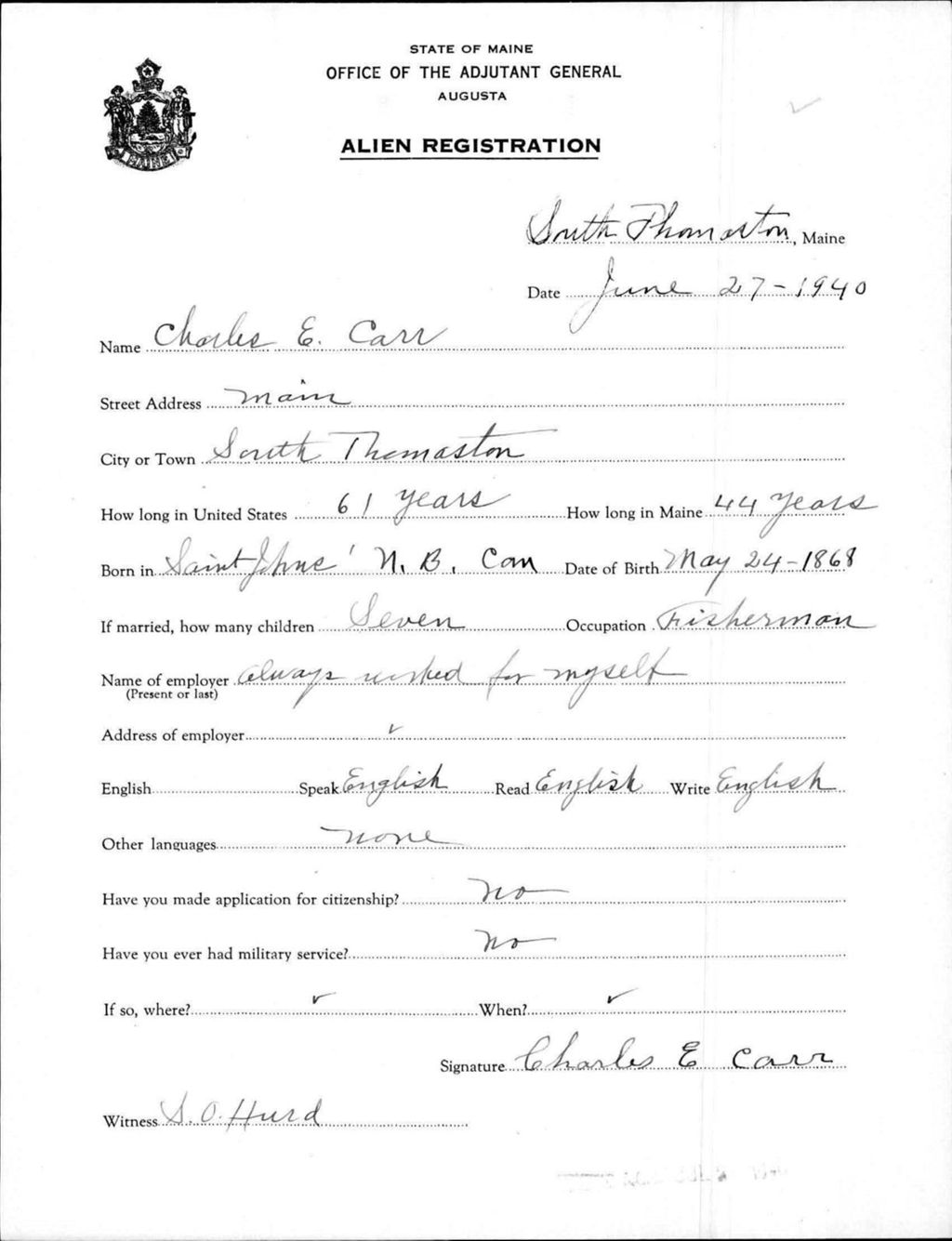 Miniature of Alien Registration- Carr, Charles E. (South Thomaston, Knox County)