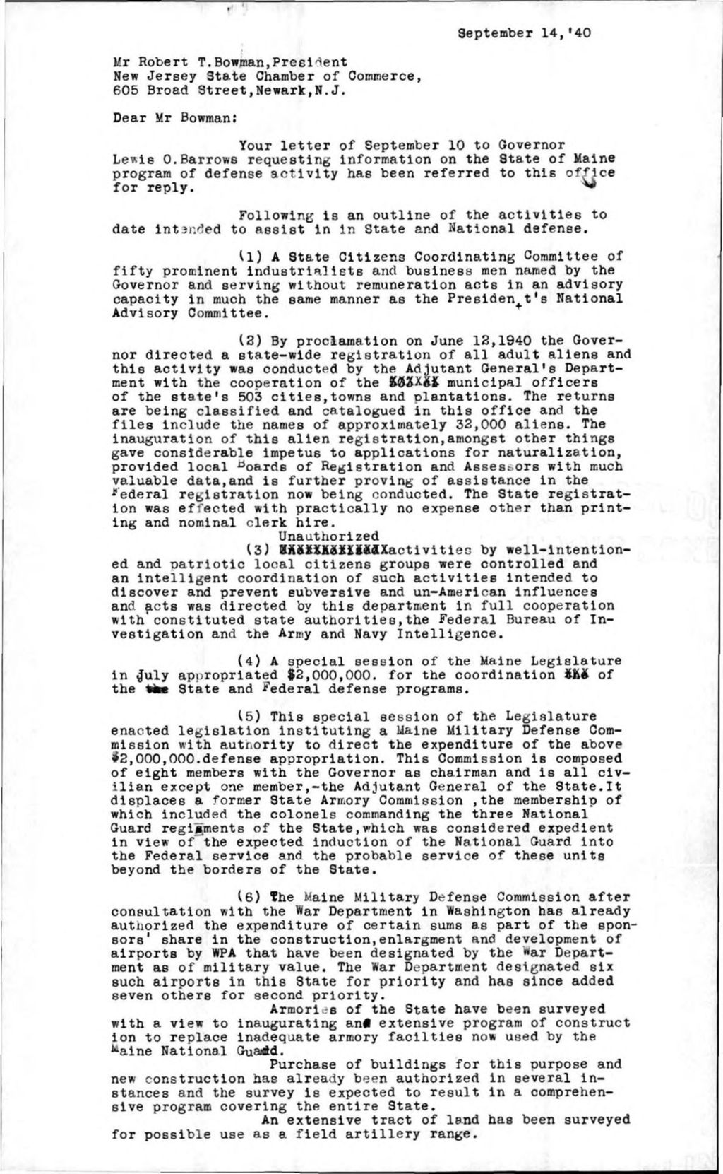 Response to a letter send to the Gov. Lewis O. Barrows from Mr. Robert T. Bowman, President New Jersey State Chamber of Commerce.
