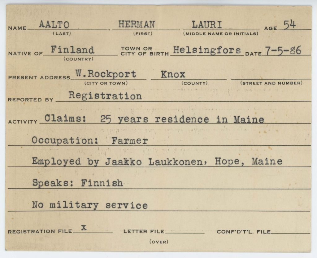 Alien Registration Card- Aalto, Herman L. (Rockport, Knox County)