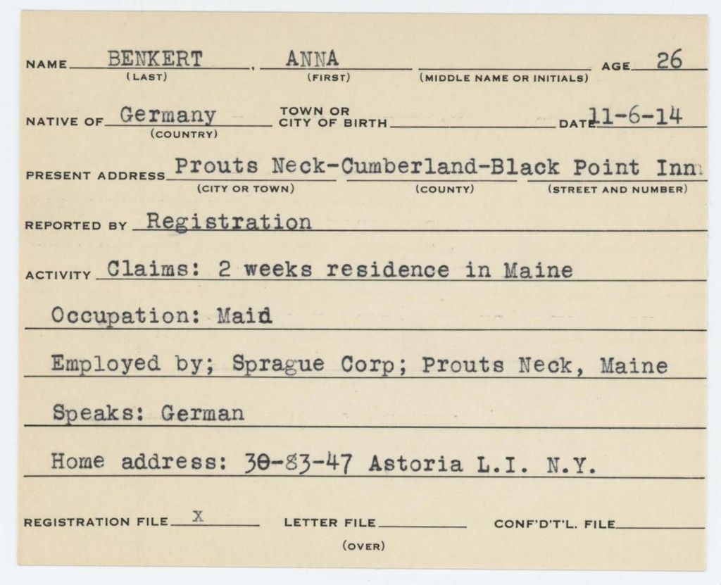 Alien Registration Card- Benkert, Anna (Portland, Cumberland County)